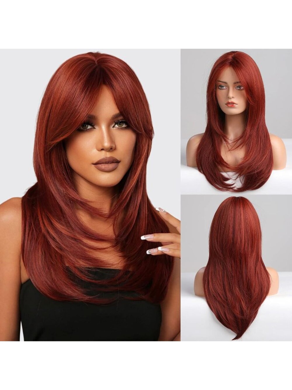Women Red Heat Resistant Long Curly Shoulder Length Synthetic Wigs